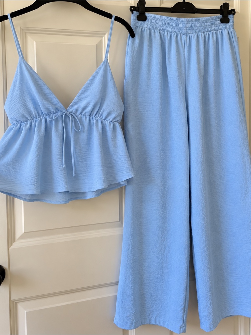 Light Blue Wide-Leg Pants with Matching Spaghetti-Strap Top